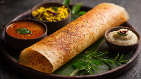 Experience the rich flavors of South Indian cuisine with this beautifully presented dosa, accompanied by sambar, coconut chutney, and spiced lentil curry.の素材