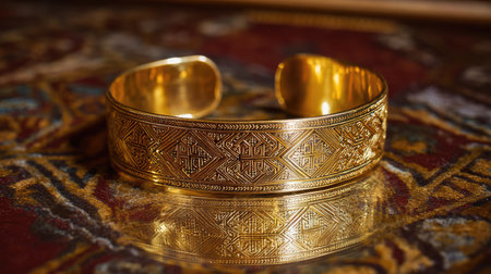 This striking gold cuff bracelet features an intricately detailed design. Its reflective surface enhances the elegance, making it a perfect jewelry piece.の素材