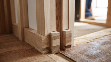 This close-up image showcases the intricate details of wood joints in an interior construction project, highlighting quality craftsmanship and precision.の素材