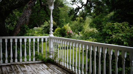 A tranquil view from a classic white balcony overlooking a lush garden filled with vibrant greenery and colorful flowers under bright sunlight.の素材
