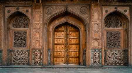 A stunning wooden door featuring elaborate carvings showcases the beauty of historical architecture. The intricate details and rich textures capture the essence of craftsmanship, making it a captivating focal point for any creative project.の素材