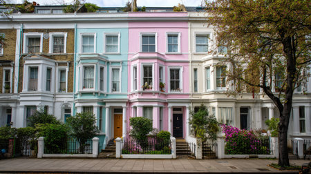 A row of charming Victorian townhouses features pastel colors and lush greenery, creating a picturesque street scene in an urban setting. The vibrant facades highlight architectural details and enhance the neighborhood's appeal.の素材
