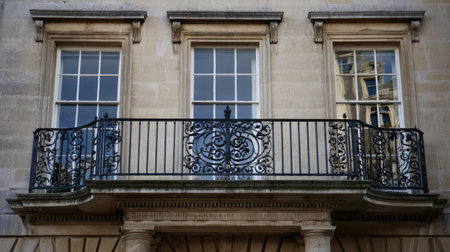 This image features an elegant wrought iron balcony on a historic stone building, showcasing intricate design details and timeless architectural beauty.の素材
