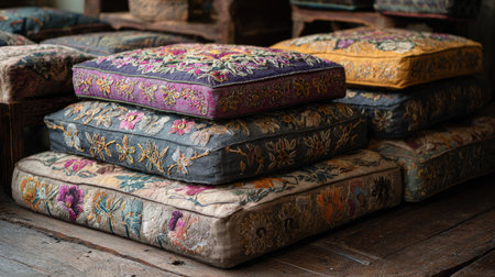 A collection of colorful embroidered cushions stacked elegantly in a rustic setting, highlighting traditional craftsmanship and inviting comfort in home decor.の素材