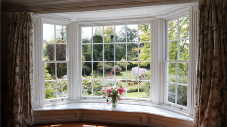 A stunning bay window showcases a vibrant floral arrangement, inviting sunlight and offering a picturesque view of a lush garden, enhancing the home's charm.の素材