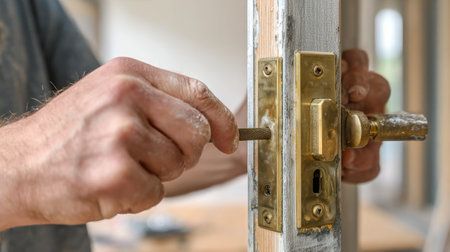 A close-up view of a hand repairing a door lock on a wooden frame, showcasing brass hardware in a home setting. Ideal for DIY and renovation topics.の素材