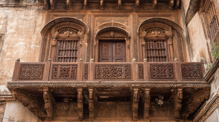 A beautifully carved wooden balcony showcasing intricate designs and detailed craftsmanship, typical of historic architecture in urban settings.の素材