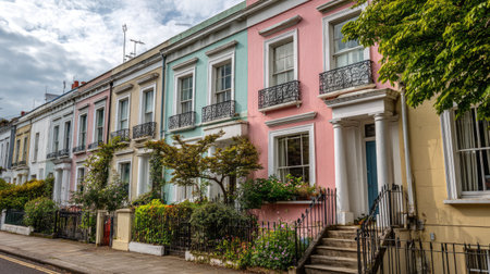 A vibrant collection of charming houses showcasing distinct colors and architectural features, surrounded by greenery, creating a picturesque urban scene.の素材