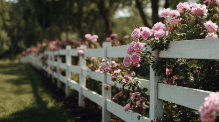 This serene image captures vibrant pink roses blooming along a white wooden fence in a tranquil garden. Sunlight filters through the leaves, enhancing the natural beauty.の素材