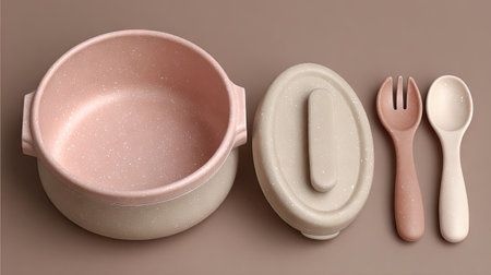 This charming kitchenware set features a bowl with a lid and a fork and spoon in soft pastel colors, perfect for modern dining and cooking styles.の素材
