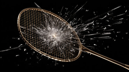 A stunning high-speed photograph capturing a badminton racket smashing through a water balloon, creating spectacular splashes and dynamic motion.の素材