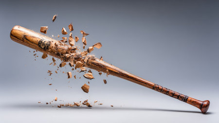 An impressive visual of a baseball bat shattering into pieces mid-air, showcasing the power and intensity of action sports. Ideal for dynamic themes.の素材