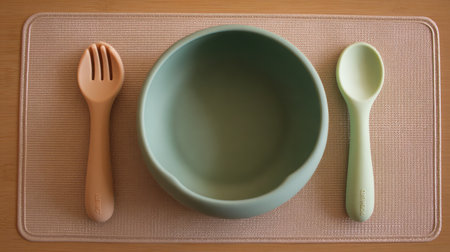 This image features a pastel silicone bowl, fork, and spoon set on a textured placemat, perfect for promoting safe and enjoyable mealtime for children.の素材
