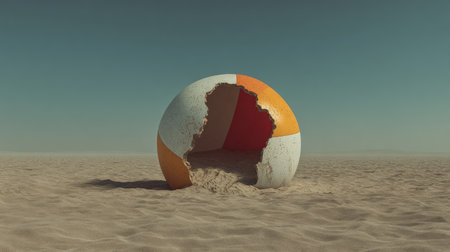 This surreal image captures a broken beach ball in a vast desert landscape, highlighting the contrast between vibrant colors and an empty, sandy environment.の素材