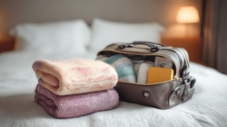 This image captures a stylish travel bag placed on a hotel bed along with cozy blankets, perfect for a relaxing getaway or an overnight trip.の素材