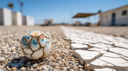 A cracked decorative ball rests on dry ground, showcasing intricate designs against the backdrop of an abandoned location under a blue sky.の素材