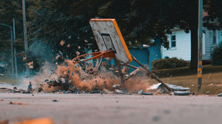 A powerful moment captured as a basketball hoop collapses dramatically on a street, sending clouds of dust and debris into the air, showcasing urban chaos.の素材