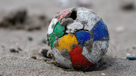 A close-up view of a cracked and weathered colorful ball half-buried in sandy beach terrain, evoking feelings of nostalgia and adventure.の素材