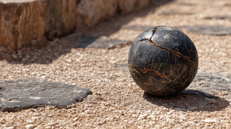 A black weathered ball rests on a sandy surface, showcasing cracks and textures. Sunlight casts shadows over the outdoor game area, inviting leisure.の素材