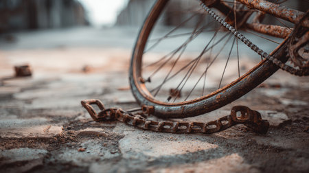 A close-up view of a rusty vintage bicycle on a cobblestone street, highlighting the beauty of urban decay and forgotten history in a natural light setting.の素材