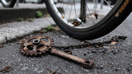 A close-up view of a rusty bicycle crankset and chain resting on an urban street, showcasing textures and the contrast with a bike wheel nearby.の素材