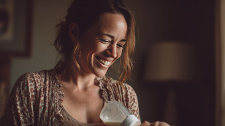 A joyful mother smiles warmly while holding a baby bottle, capturing a moment of affection and connection in a cozy home setting filled with natural light.の素材