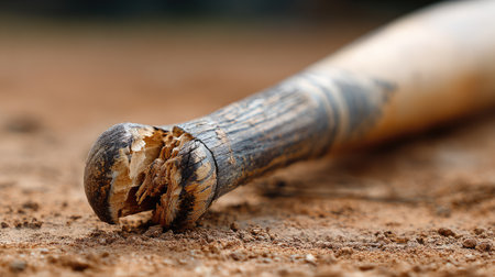 This close-up image showcases a broken wooden baseball bat resting on a dirt field, illustrating the wear and tear of intense gameplay and passion for the sport.の素材