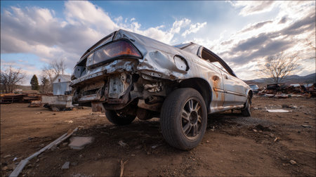 An abandoned silver sedan stands alone in a junkyard, surrounded by scattered scraps of metal and rusted vehicles, under a dramatic cloudy sky.の素材