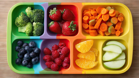 This image showcases a vibrant platter filled with fresh fruits and vegetables, perfect for healthy snacking, meal prep, or encouraging kids' nutrition.の素材