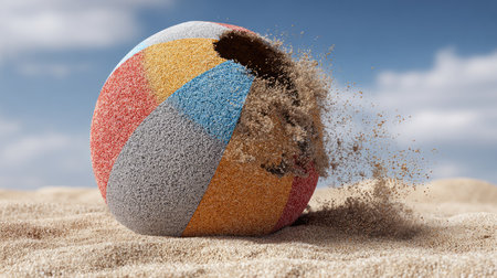 A vibrant beach ball bursts and releases sand on a deserted shore, showcasing a playful scene under a clear blue sky filled with peaceful vibes.の素材