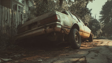 This image captures an abandoned vintage sedan leaning against a roadside. Sunlight filters through trees, creating a nostalgic atmosphere in a neglected urban landscape.の素材