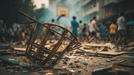 A scene depicting chaos during a street basketball game with broken chairs and a crowd moving around, highlighting the urban environment and energy.の素材