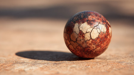 This captivating image features a unique sphere with a cracked earth texture, resting on a rough surface. The interplay of light and shadow highlights its intricate details, creating an artistic composition that evokes nature's beauty. Perfect for various creative projects.の素材