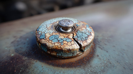This close-up image features a cracked vintage cap with chipped blue paint on a rusty metal surface, showcasing intricate textures and aesthetic decay.の素材