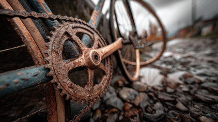 This image features a close-up view of a rusty bicycle gear resting on a wet, pebbled pathway with an overcast sky. The details highlight the passage of time.の素材