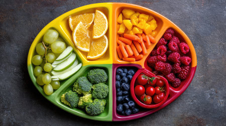 This vibrant platter features a variety of fresh fruits and vegetables, showcasing healthy options like grapes, oranges, and broccoli, perfect for snacks.の素材