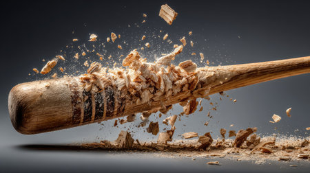 A high-resolution image of a wooden baseball bat breaking into splinters, showcasing the dynamic force and energy of the impact against a dark background.の素材