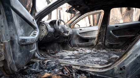 The image captures the interior of a burnt car, revealing charred surfaces and ashes amidst a scene of devastation following a wildfire.の素材