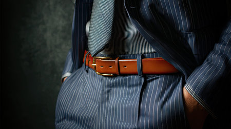 A close-up shot of a well-dressed man showcasing a stylish pinstripe suit paired with a classic necktie and a refined brown leather belt, reflecting confidence and sophistication.の素材