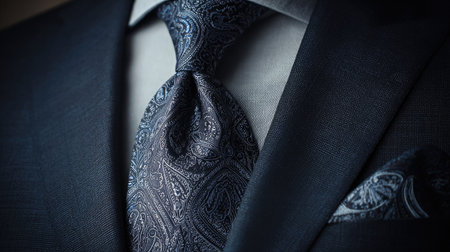 This close-up image features a stylish dark suit complemented by a detailed paisley tie and matching pocket square, showcasing elegance and sophistication ideal for business and formal occasions.の素材