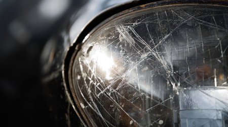 A detailed close-up image showcasing a scratched headlight lens reflecting light, capturing the beauty of aging and wear in a vintage automobile.の素材