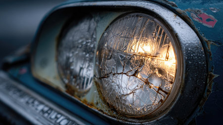 A close-up view of a vintage car headlight displaying cracks and moisture. This image evokes feelings of nostalgia and showcases the beauty of decay.の素材