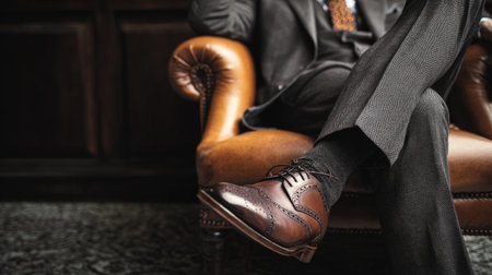 A close-up of a polished brown leather dress shoe resting on a luxurious leather armchair, reflecting sophistication and style in a professional setting.の素材