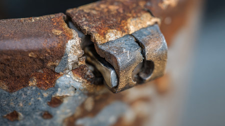 This close-up image showcases a rusted metal surface featuring corrosion, wear, and an old lock mechanism. The detailed texture reflects the passage of time.の素材