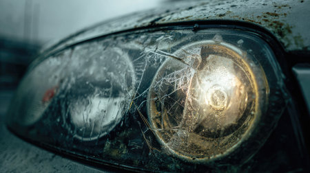 A detailed close-up of a dirty car headlight showing water drops and a cracked lens, set against a rainy backdrop, showcasing vehicle wear.の素材