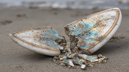 A shattered surfboard rests on the sandy beach, surrounded by colorful sparkling fragments under the sunlight, capturing adventure and summer vibes.の素材