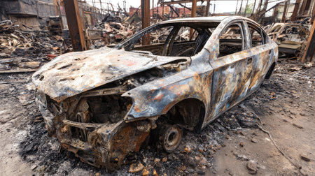 A striking image of a burned car resting amid the remnants of an urban fire, illustrating the impact of disaster and the need for community recovery and resilience.の素材