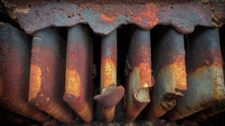 This striking close-up captures the intricate textures and patterns of a heavily rusted metal surface, showcasing unique details and colors.の素材