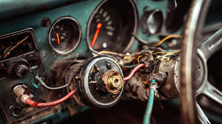 Explore the intricate details of a vintage car dashboard featuring rusty components and exposed wiring, capturing the essence of automotive decay and history.の素材
