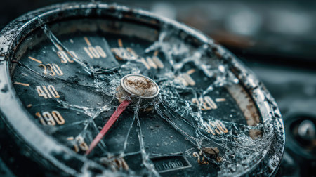 Captivating close-up of an old, cracked speedometer found in an abandoned vehicle, showcasing intricate details and a sense of neglect.の素材